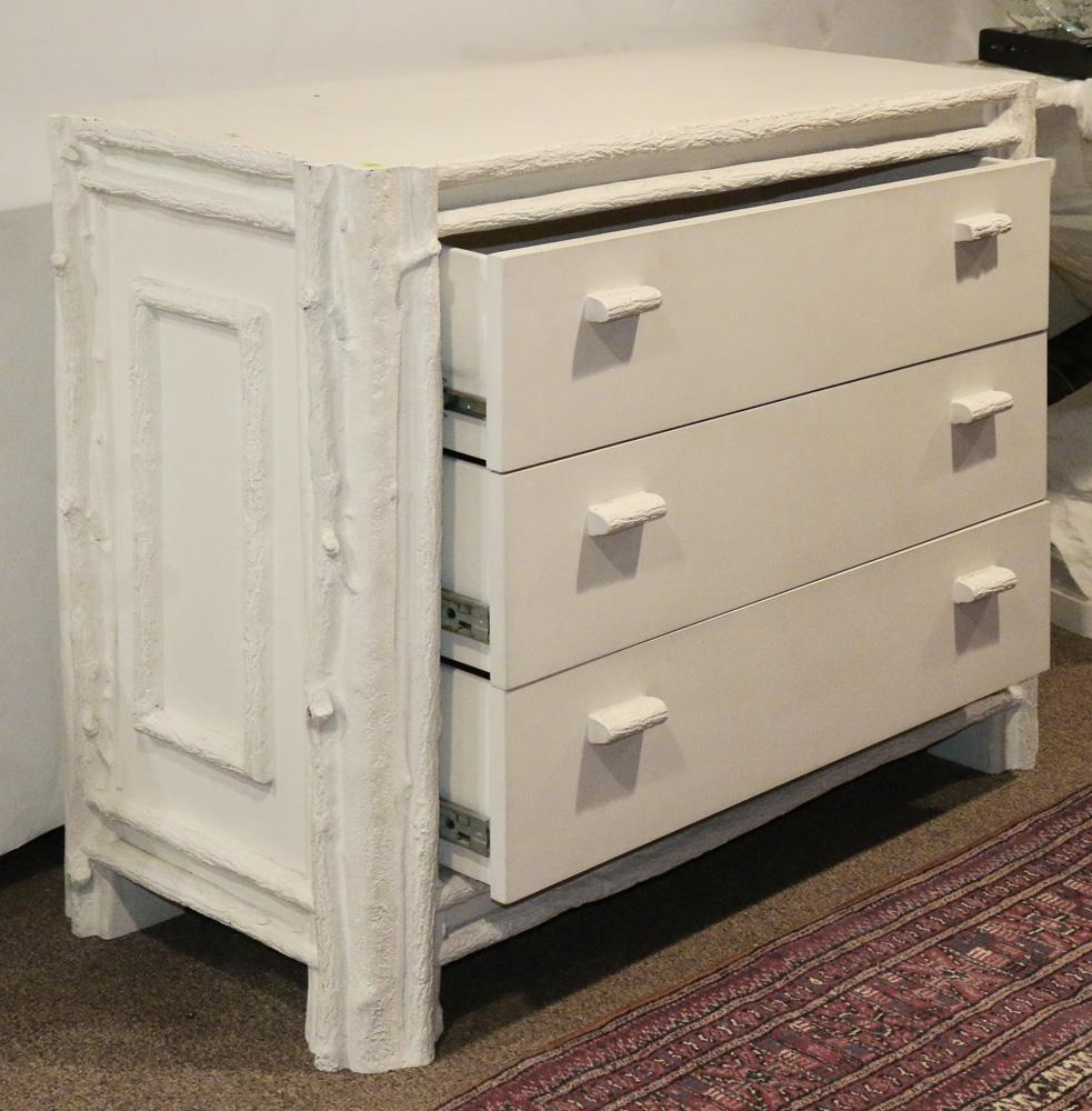 Mid Century chest attributed to Serge Roche: Modern chest attributed to Serge Roche, having three drawers with a textured frame, 33"h x 41.5"w x 16.5"d Provenance: The Estate of Robin Leach, proceeds to benefit charities including the Cleveland