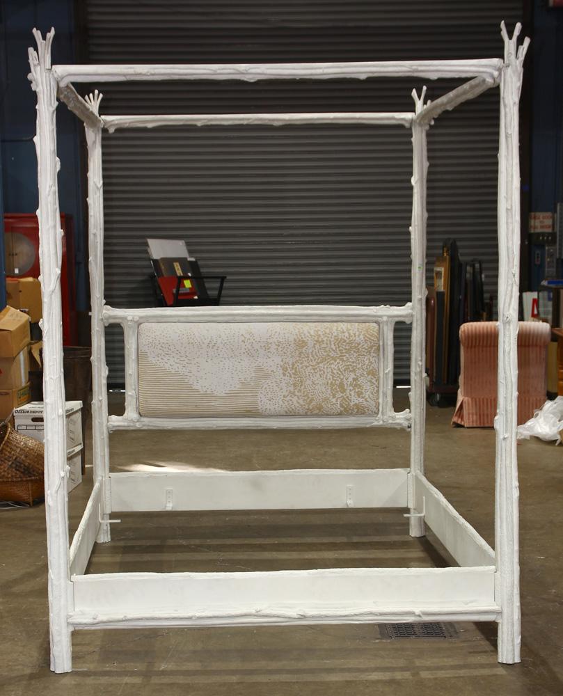 Modern white painted tester bed frame: Modern white painted tester bed frame, in the manner of Serge Roche, having stylized branch form supports Provenance: The Estate of Robin Leach, proceeds to benefit charities including the Cleveland C
