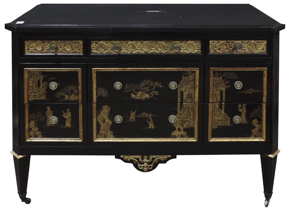 Custom Chinoiserie ebonized and partial gilt commode: Custom Chinoiserie ebonized and partial gilt commode, having a noir marble top above the partial gilt case, the sides with floral sprays, the large two drawer fronts with scenic pagodas and genre scen