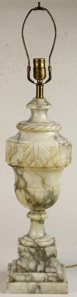 Continental alabaster table lamp: Continental alabaster table lamp, having a Classical style urn form, and rising on a plinth base, 21"h, Provenance: from SF Palace Hotel, 1909, rebuilt after the 1906 earthquake and fire (hotel was cl