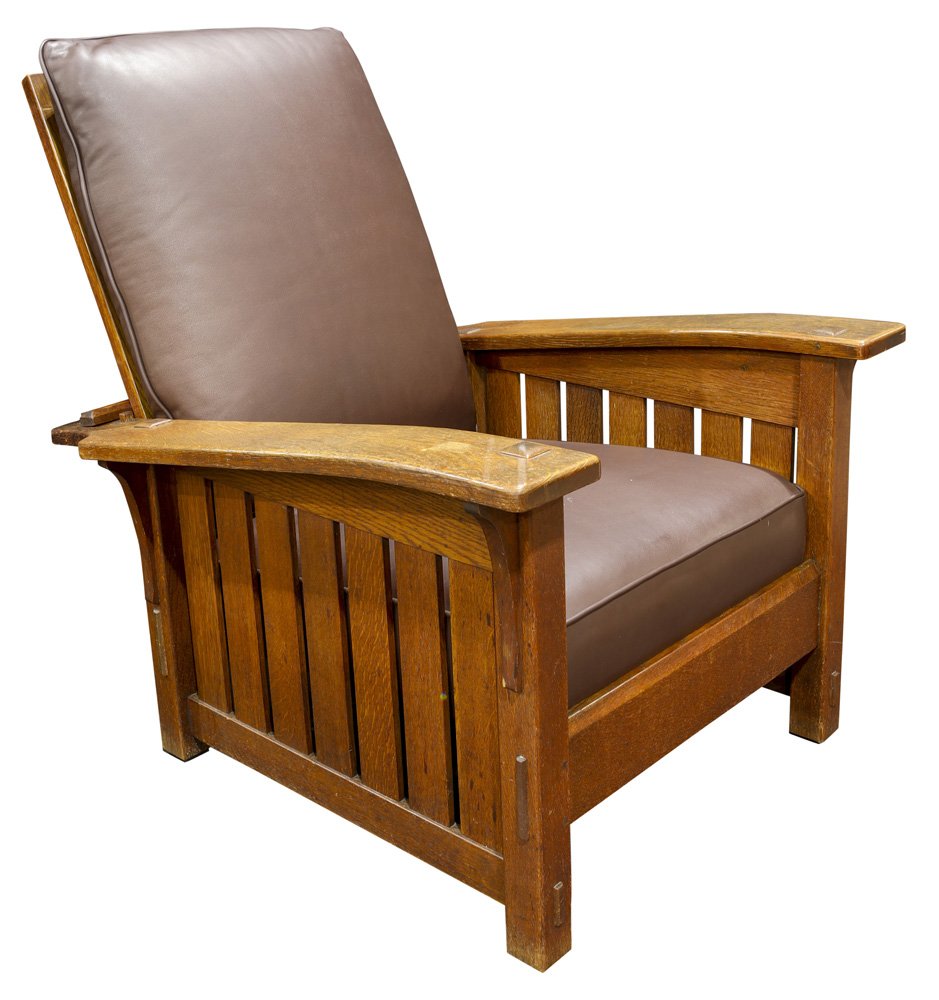 Rare Arts and Crafts L and J.G Stickley slant arm: Rare Arts and Crafts L and J.G Stickley slant arm morris chair, having seven vertical slats to the floor, long corbels and thru tenon construction, seat and back with newly upholstered leather cushion