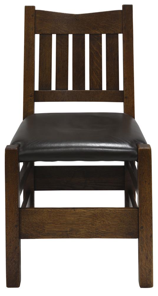 Gustav Stickley Arts and Crafts V back side chair: Gustav Stickley Arts and Crafts V back side chair, executed in quartersawn oak, having a newly upholstered leather seat, and rising on square legs, retains brand mark, 35"h