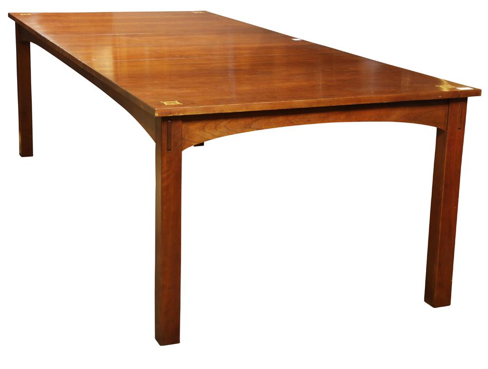 Stickley Audi Harvey Ellis Arts and Crafts style inlaid: Stickley Audi Harvey Ellis Arts and Crafts style inlaid dining table, having geometric mixed wood floral marquetry reserves at each corner, two 15" leaves with full aprons, thru tenon construction and