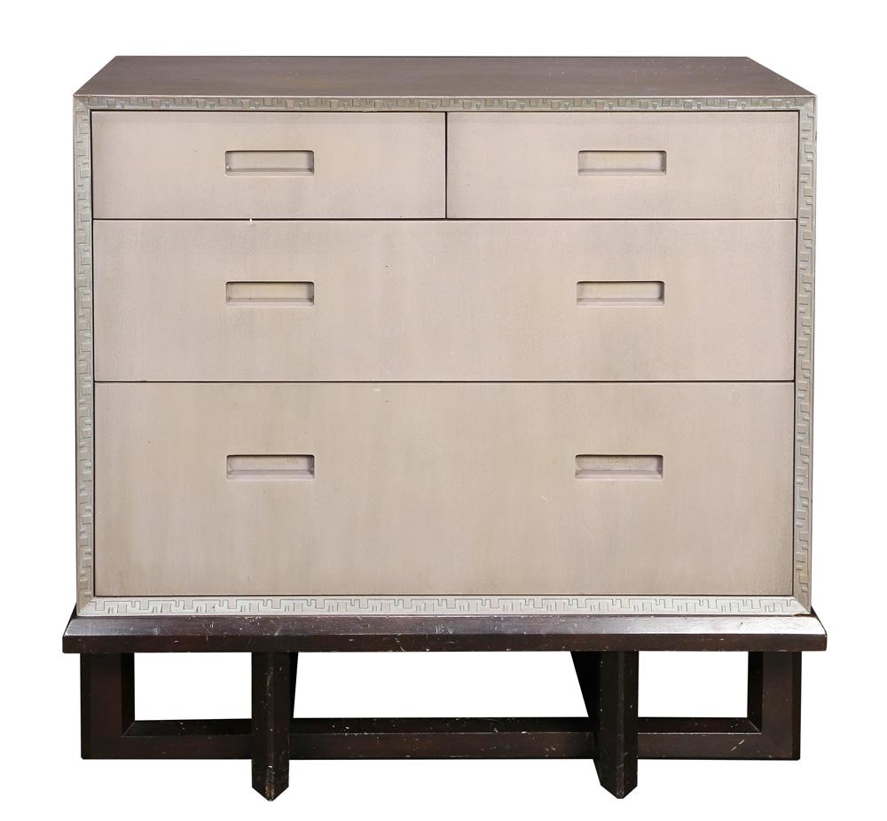 Frank Lloyd Wright (1867-1959) for Heritage Henredon: Frank Lloyd Wright (1867-1959) for Heritage Henredon chest of drawers, having four graduated drawers centering the Taliesin design border, rising on a conjoined and bevelled base, overall 32.5"h x 33.