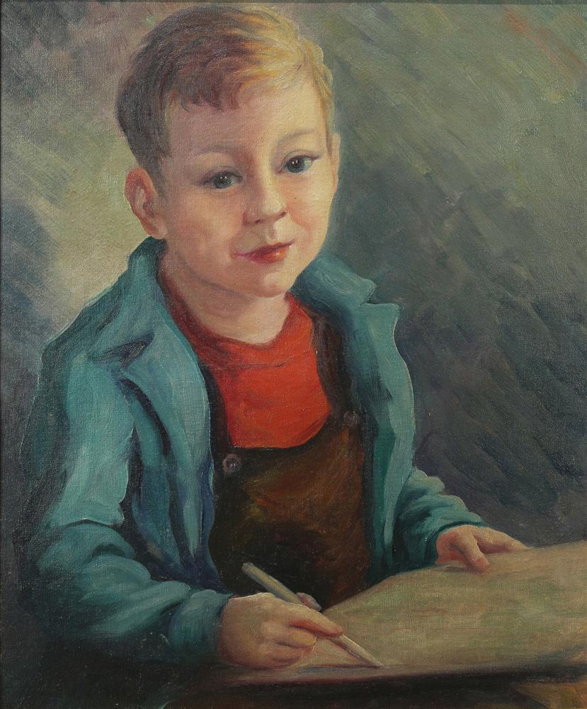 Painting, George Chann: George Chann (American/Chinese, 1913-1995), Portrait of a Young Boy, oil on canvas board, signed lower left, board: 22"h x 18"w, overall (with frame): 30.5"h x 27"w