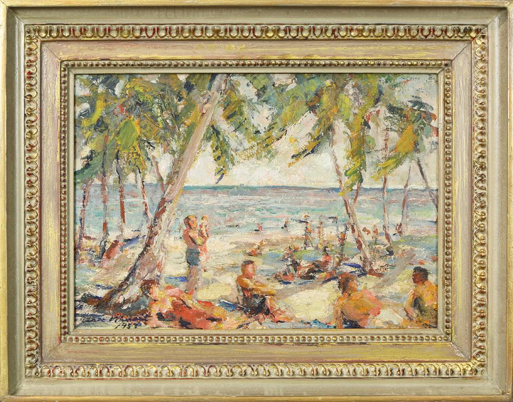 Painting, Jesse Whitsit: Jesse Whitsit (American, b. 1874), "Tropical Beach," oil on canvas board, signed lower left, title label (fragment) affixed verso, sight: 9.25” H x 13” w Overall (with Frame): 14.5” H x 18.5” 
