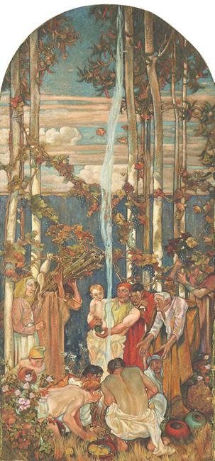 Painting, Circle of Maxfield Parrish: Manner of Sir Frank Brangwyn (British, 1867–1956), "Primitive Fire Panel, oil on board (within handcarved decorative motif), unsigned, board (with circular top): 31"h x 18"w