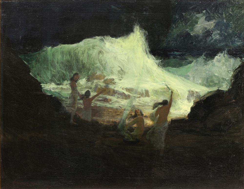 Painting, Clarence Braley: Clarence E. Braley (American, 1854-1927), "The Storm Brewers," 1917, oil on canvas, signed lower left, signed, titled, and dated verso, canvas: 22"h x 28"w, overall (with frame): 29"h x 35"w