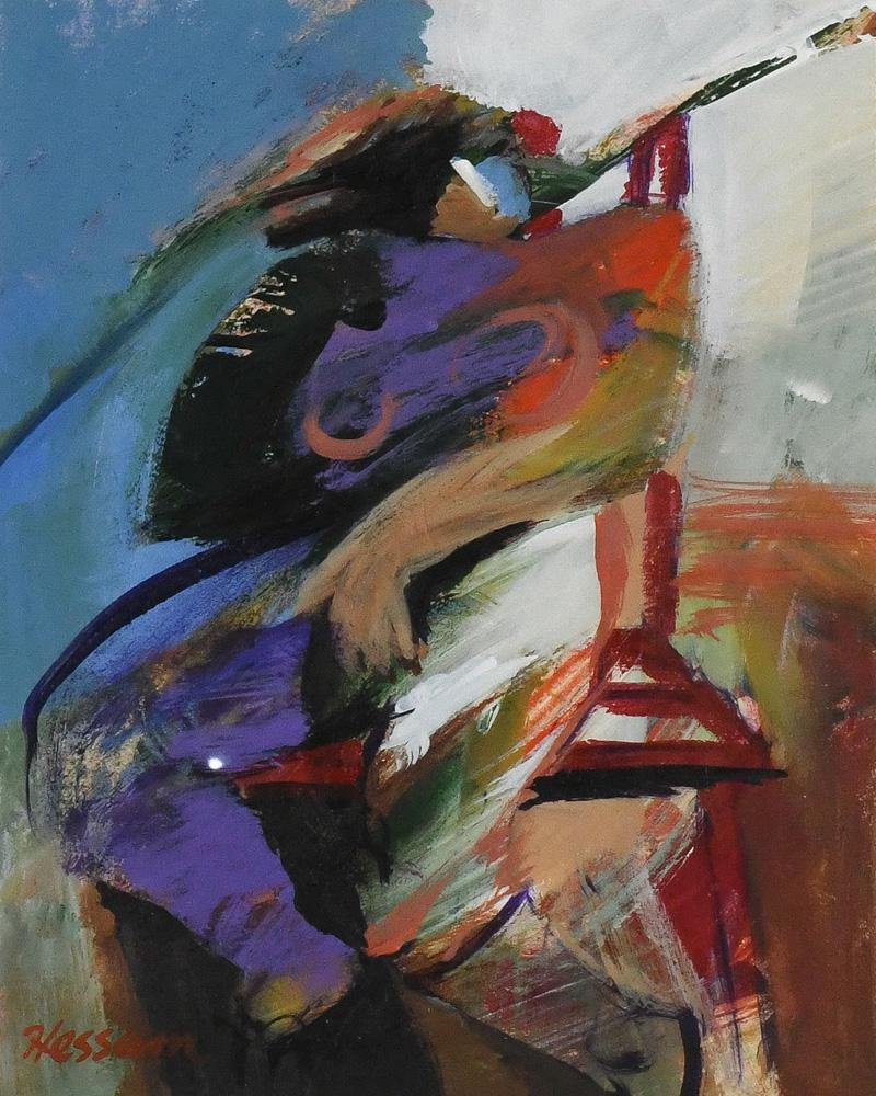 Painting, Hessam Abrishami: Hessam Abrishami (Iranian, b. 1951), "Female Figure in Chair," oil on board, signed lower left, titled verso, sight: 9.75"h x 7.75"w, overall (with frame): 22.25"h x 20.25"w