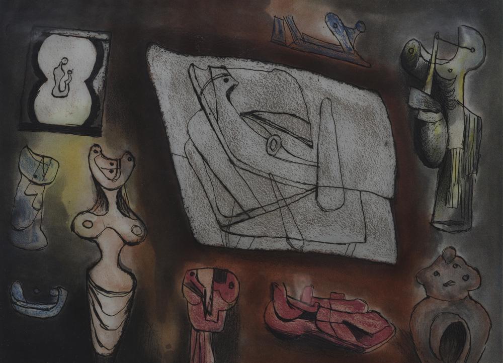 Print, Henry Moore, Sculptural Ideas 7: Henry Moore (British, 1898-1986), "Sculptural Ideas 7," 1980/81, etching w/ aquatint in colors, pencil signed lower right, edition 4/50, image: 9.75"h x 13.25"w, overall (with frame): 20.25"h x 25.25"