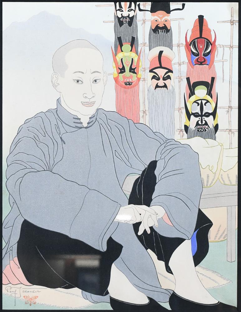 Print, Paul Jacoulet: Paul Jacoulet (French, 1902-1960), Vendeur de Masques Chinois (Chinese Mask Seller) [Miles #72], 1940, pencil signature with butterfly seal, with carver Maeda and printer Honda cartouches, edition not