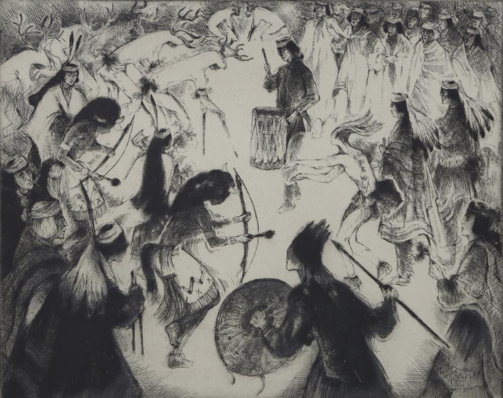 Print, Gene Kloss: Gene Kloss (American, 1903-1996), "A Winter Dance at Santo Domingo Pueblo," etching with drypoint, signed in pencil lower right, edition 11/35, image 12"h x 15"w, overall (with frame): 21"h x 23"w