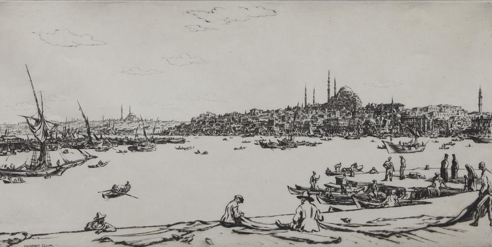 Print, Muirhead Bone: Muirhead Bone (British, 1876-1953), Istanbul from the Boat, etching with drypoint, pencil signed in plate lower left, image: 6.25"h x 11.5"w, overall (with frame): 16"h x 20.5"w