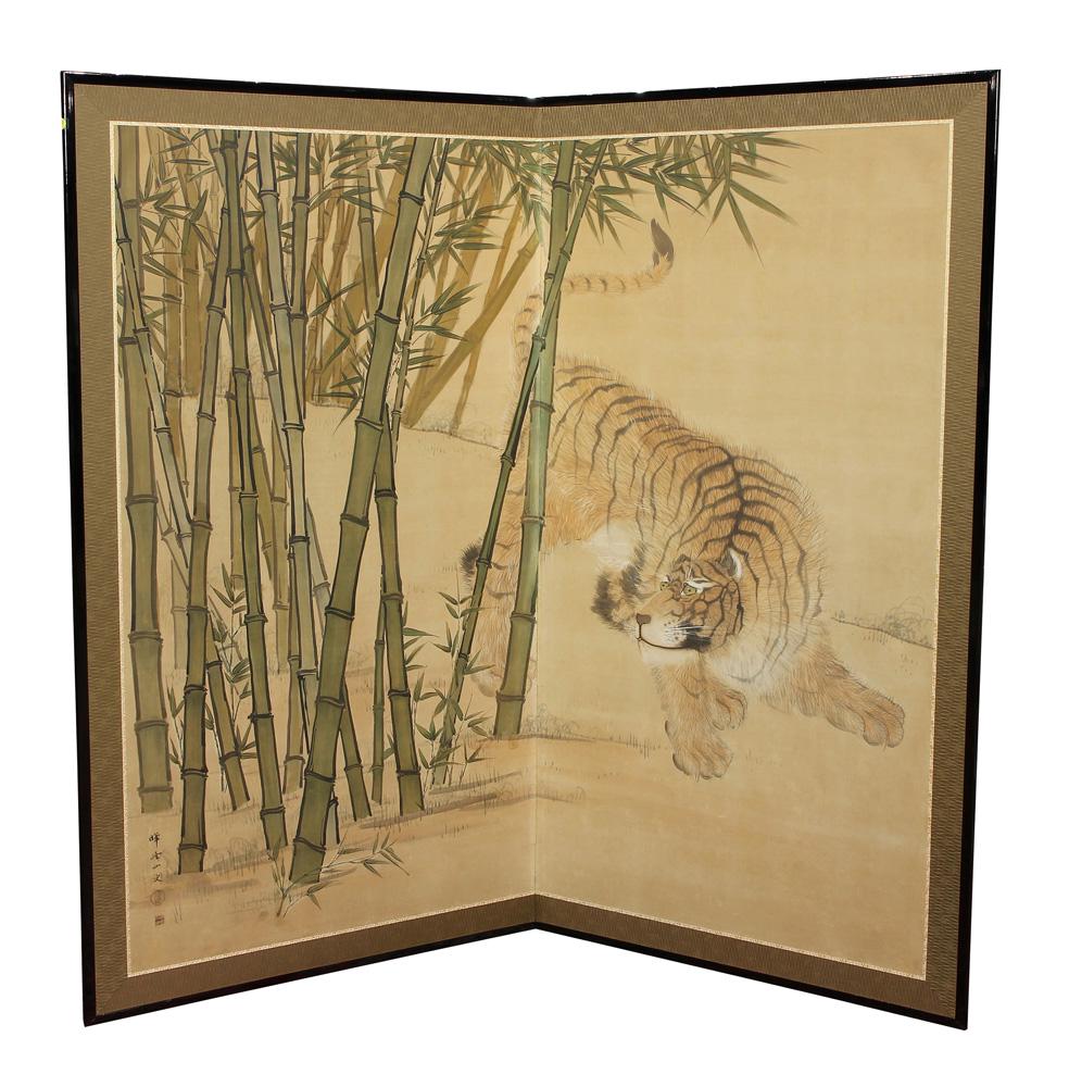 Japanese Two-panel Screen, Tiger and Bamboo, Meiji: Japanese two-panel screen, Meiji-Taisho period, "Tiger and Bamboo", ink and color on paper, lower left signed “Kiho Joshi (=Ms. Kiho)”, Mutobe Kiho, b. 1877, and seal (Teiei), 67.5"h x 74.5"w