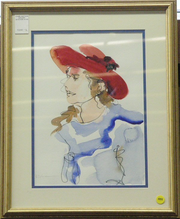 Watercolor woman Robert Blue: Framed watercolor, Portrait of a Woman in Red Hat, by Robert Blue (American, 20th century), signed lower left, overall: 20''h x 16''w.