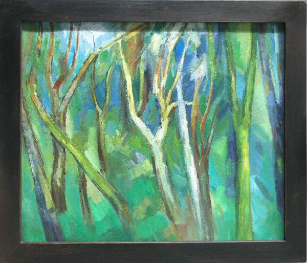 Painting after Patrick Henry Bruce: Framed oil on canvas, Woodland Interior, contemporary, in the manner of Patrick Henry Bruce (American/French, 1881-1937), unsigned, overall: 23.5''h x 27.5''w.