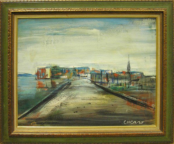 Painting, Pascal Cucaro, Californian: Framed oil on board, Buildings on the Pier, by Pascal Cucaro (Californian, 1915-2004), signed lower right, sight: 15.5''h x 19.5''w, overall: 20.5''h x 24.5''w