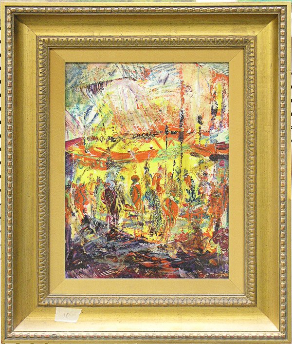 Painting circus Pascal Cucaro: Framed oil on canvas, Circus, by Pascal Cucaro (Californian, 1915-2004), signed center and verso, gallery label affixed verso, overall: 23''h x 19''w.