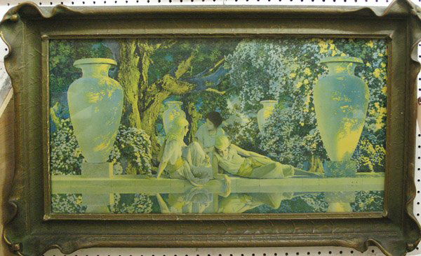 Lithograph Maxfield Parrish Garden: Framed lithograph, Garden of Allah, by Maxfield Parrish (1870-1966), initialed lower right, overall: 21.5''h x 35''w.