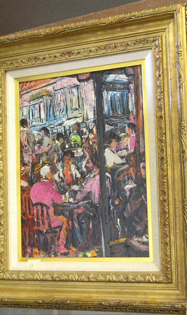 Painting, Pascal Cucaro, Californian: Framed oil on canvas, Cafe Scene, by Pascal Cucaro (Californian, 1915-2004), signed lower left, overall: 24''h x 20''w