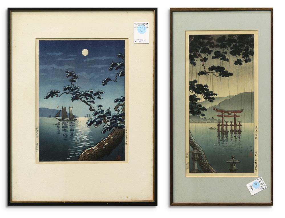 Japanese Woodblock Prints, Tsuchiya Koitsu: (lot of 2) Tsuchiya Koitsu (Japanese, 1870-1949), " Autumn in Miyajima", one depicting moon-lit sea with pine tree and sailing boats, both with the signature, seal, both dated Showa 11 (=1936), larges