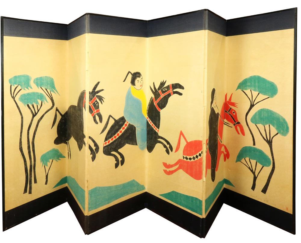 Louis Liang, Six Panel Woodblock Screen, Figures: Louis Liang (Chinese, 20th century), six panel woodblock printed screen, Figures on Horseback, the lower right signed, dated1973, edition number 1/10, and followed by one seal, each panel approx:72.75