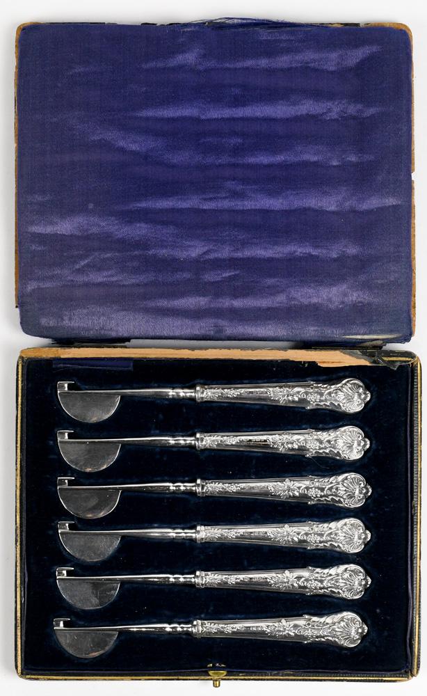(lot of 6) English sterling silver citrus peelers: (lot of 6) English sterling silver citrus peelers, Sheffield, 1909, by William Hutton & Sons, 6"l