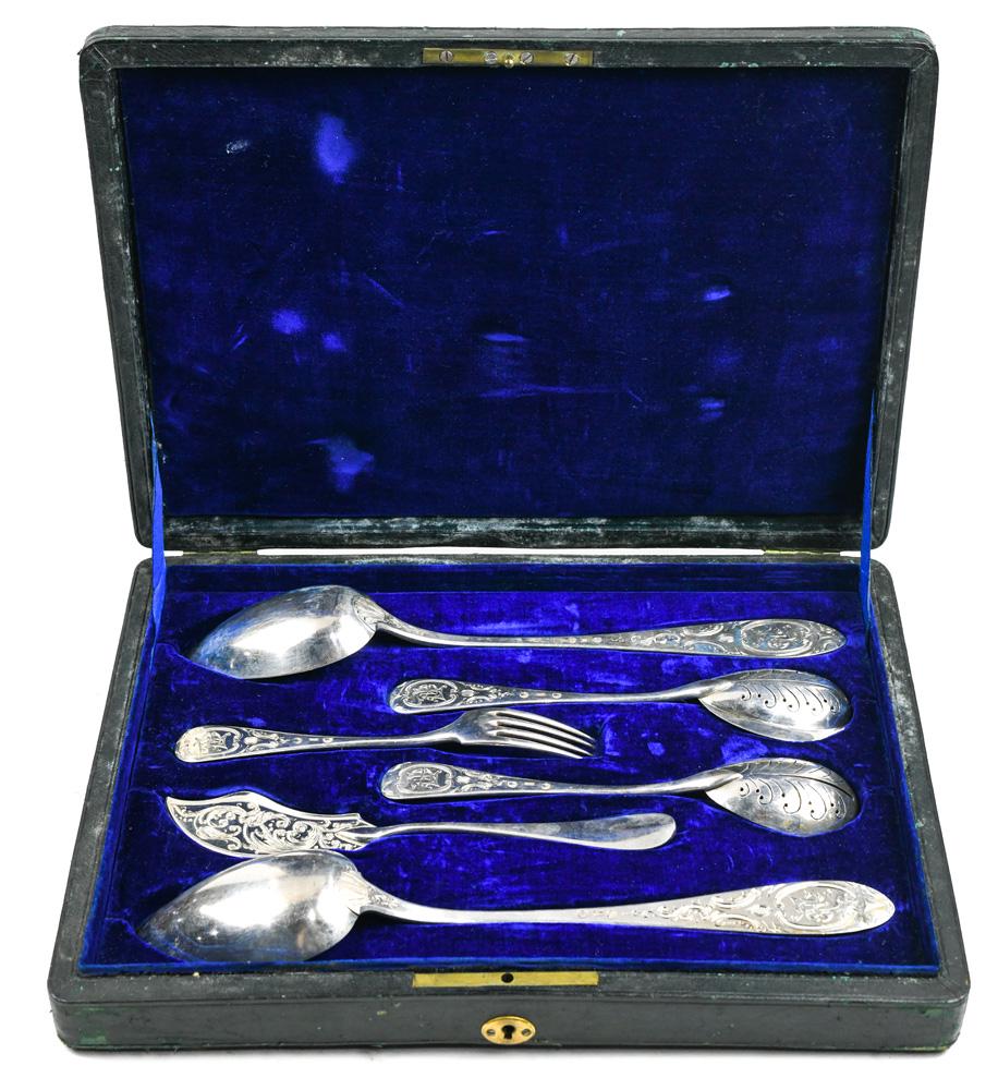 (lot of 8) Italian .800 silver serving untensils: (lot of 8) Italian .800 silver serving untensils, 1872-1934, consisting of (2) serving spoons, (2) pierced spoons, fork, and cheese server, each with a monogram to the handle; together with a custom l