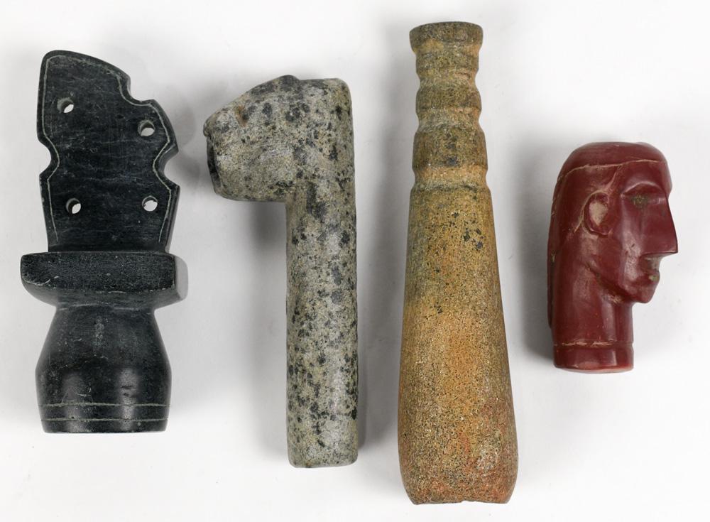 (lot of 4) Tobacco-smoking objects: (lot of 4) Tobacco-smoking objects, including a tube, a pipe, and two pipeheads, Mound Builders Culture, MidWest USA, appearing ancient but not scientifically tested nor authenticated