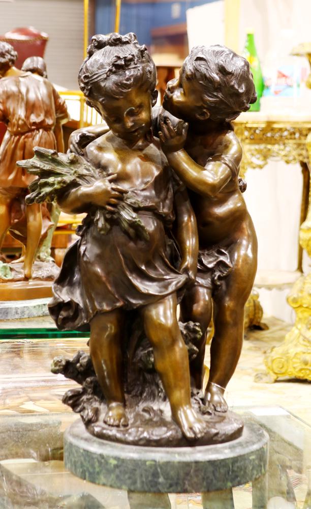 After Auguste Moreau, Young Lovers, bronze sculpture: After Auguste Moreau (French, 1834-1917) Young Lovers, bronze sculpture, signed lower left, and rising on a marble base, 18"h x 11"w