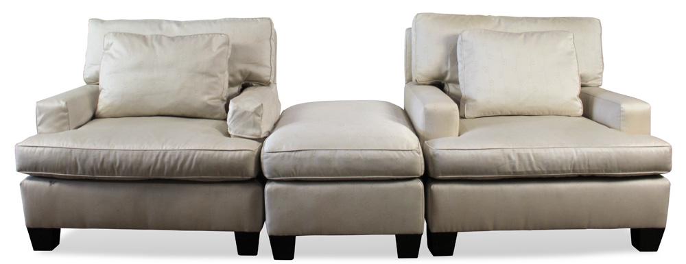 (lot of 3) Barbara Barry for Baker upholstered suite: (lot of 3) Barbara Barry for Baker upholstered suite, consisting of two armchairs and an ottoman, having taupe upholstery and rising on square wood feet, largest: 33"h x 36"w x 40''d