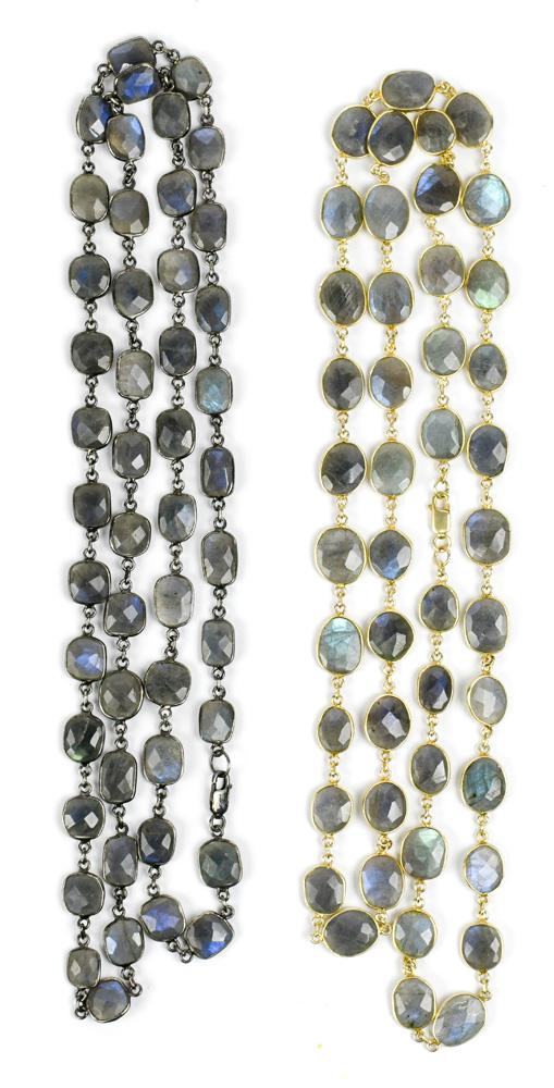 (Lot of 2) Labradorite, silver gilt necklace: (Lot of 2) Labradorite, silver gilt necklace Including 1) labradorite bead, blackened silver 36 inch necklace; together with 1) labradorite bead, silver gilt 36 inch necklace, gross weight 81.39 grams