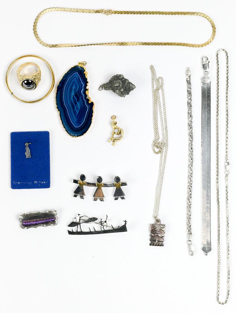 Collection of agate, hematine, amethyst,: Collection of agate, hematine, amethyst, mother-of-pearl, sterling silver, silver and metal jewelry Including 2) sterling silver, 6.75 inch bracelets; 1) sterling silver, 20 inch link chain; 3) amethy