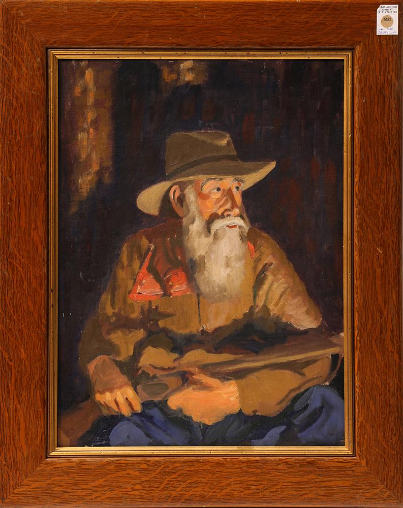 Painting, Charles C. West: Charles C. West (American, b. 1900), Old Frontiersman, oil on board, unsigned, overall (with frame): 30.5"h x 24.5"w. Provenance: Estate of Edan Milton Hughes (San Francisco, CA)