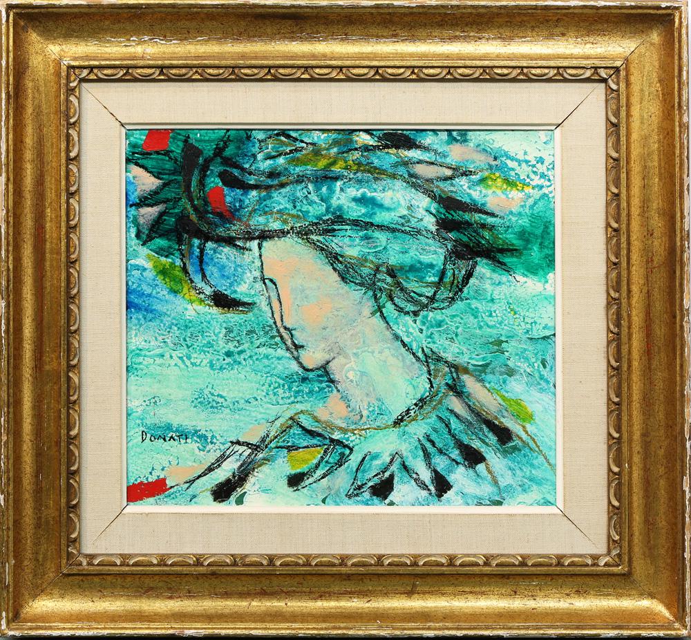 Painting, Lazzaro Donati: Lazzaro Donati (Italian, 1926-1977), "Signora dal Cappello," oil on panel, signed lower left, signed, titled and dated verso, overall (with frame): 22.5"h x 24.5"w