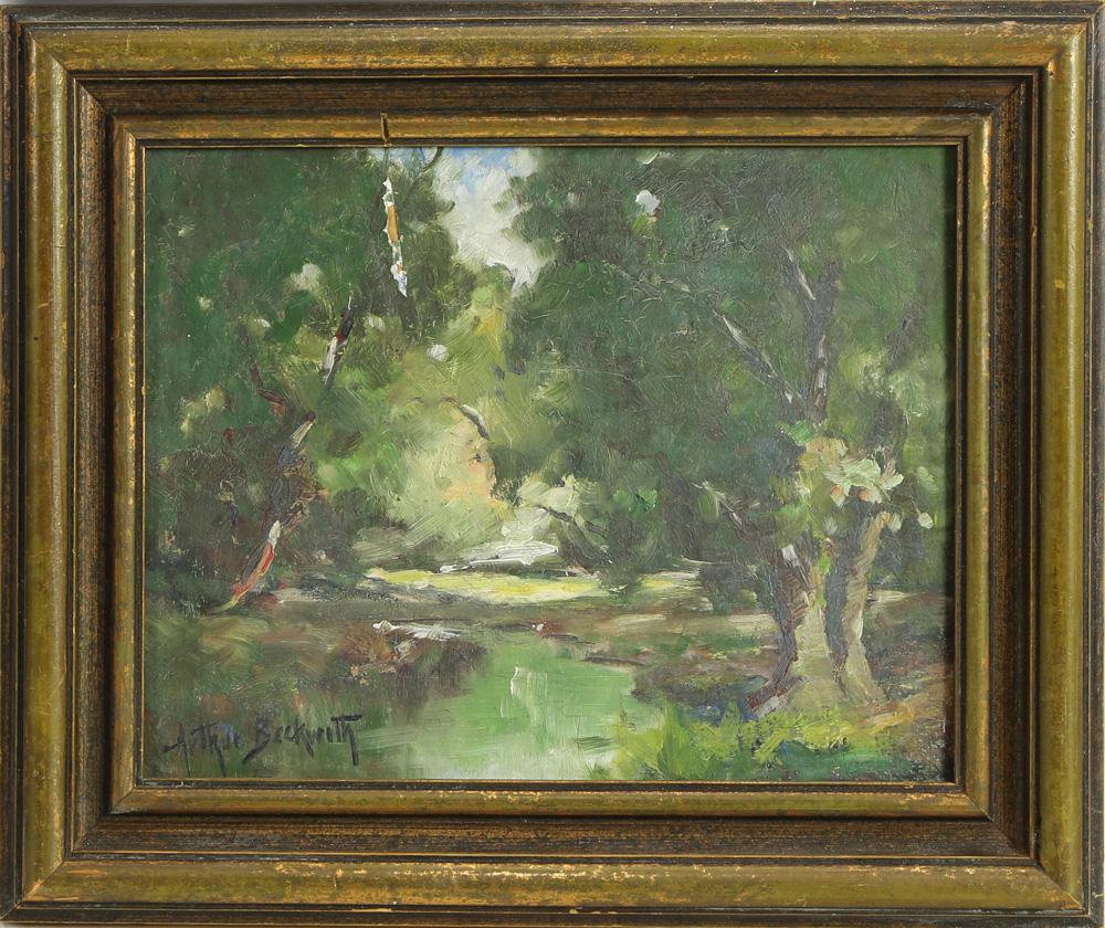 Painting, Arthur Beckwith: Arthur Beckwith (American, 1860-930), "Sketch - Ross Canyon," oil on board, signed lower left, titled verso, overall (with frame): 11"h x 12.75"w