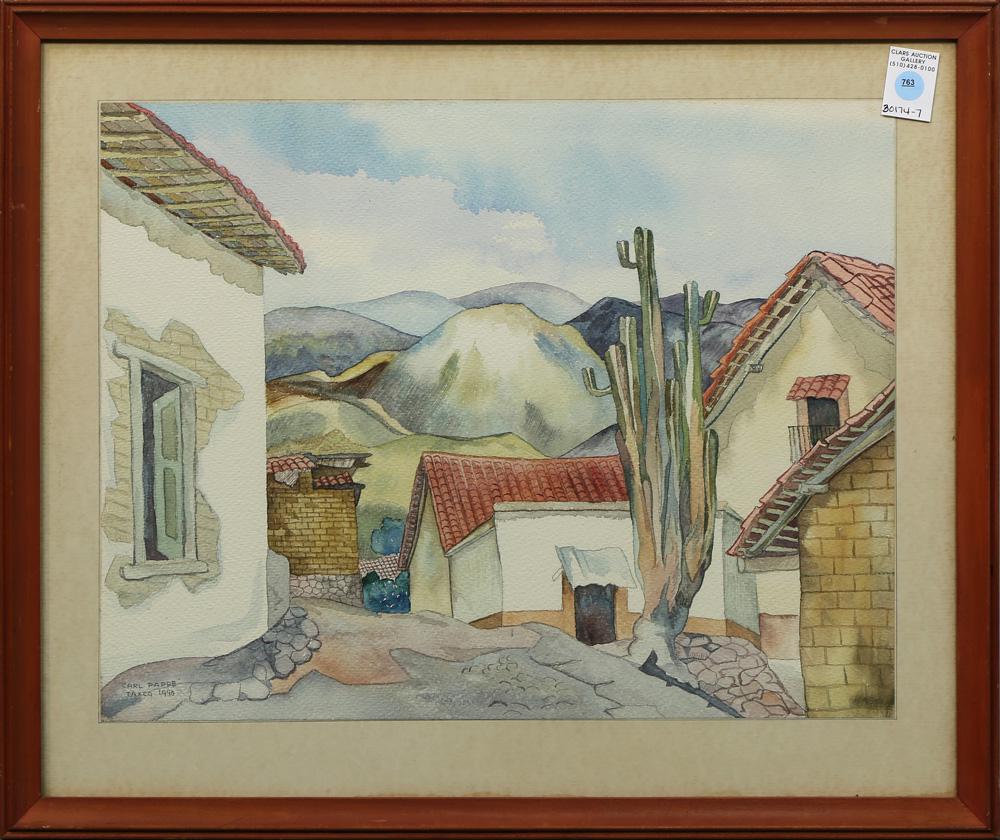 Watercolor, Carl Pappe: Carl Pappe (American, 1900-1998), "Taxco," 1940, watercolor, signed and dated lower left, overall (with frame): 21.25"h x 25.25"w