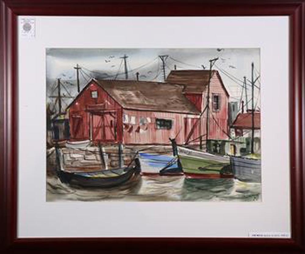 Watercolors, John Henry Morton: (lot of 2) John Henry Morton (American, 20th century), Dock Scene, 1955, and Rural Bridge, 1954, watercolors, each signed and dated, largest overall (both framed): 22.5"h x 26.75"w