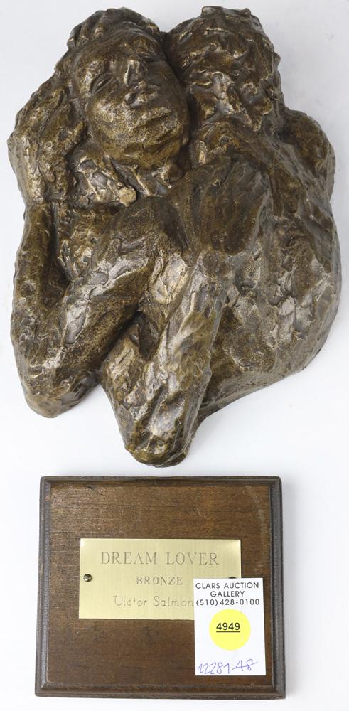 Sculpture, Victor Salmones: Victor Salmones (Mexican, 1937-1989), "Dream Lover," bronze sculpture, center on left side, titled on artist plaque, overall: 10"h x 7"w x 3"d