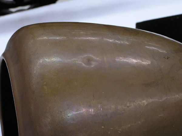 Large Dirk Van Erp Copper Vase: Rare Arts & Crafts hand hammered copper vase by Dirk Van Erp studios, San Francisco, California, having the early open box San Francisco mark retaining faint ''ghost'' of D'Arcy Gaw in box, below a Wi