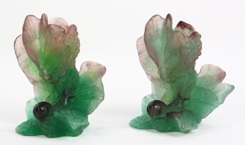 (lot of 2) Daum pate de verre candlesticks: (lot of 2) Daum pate de verre candlesticks, each having a floral form accented with a snail, marked on underside, 5"h