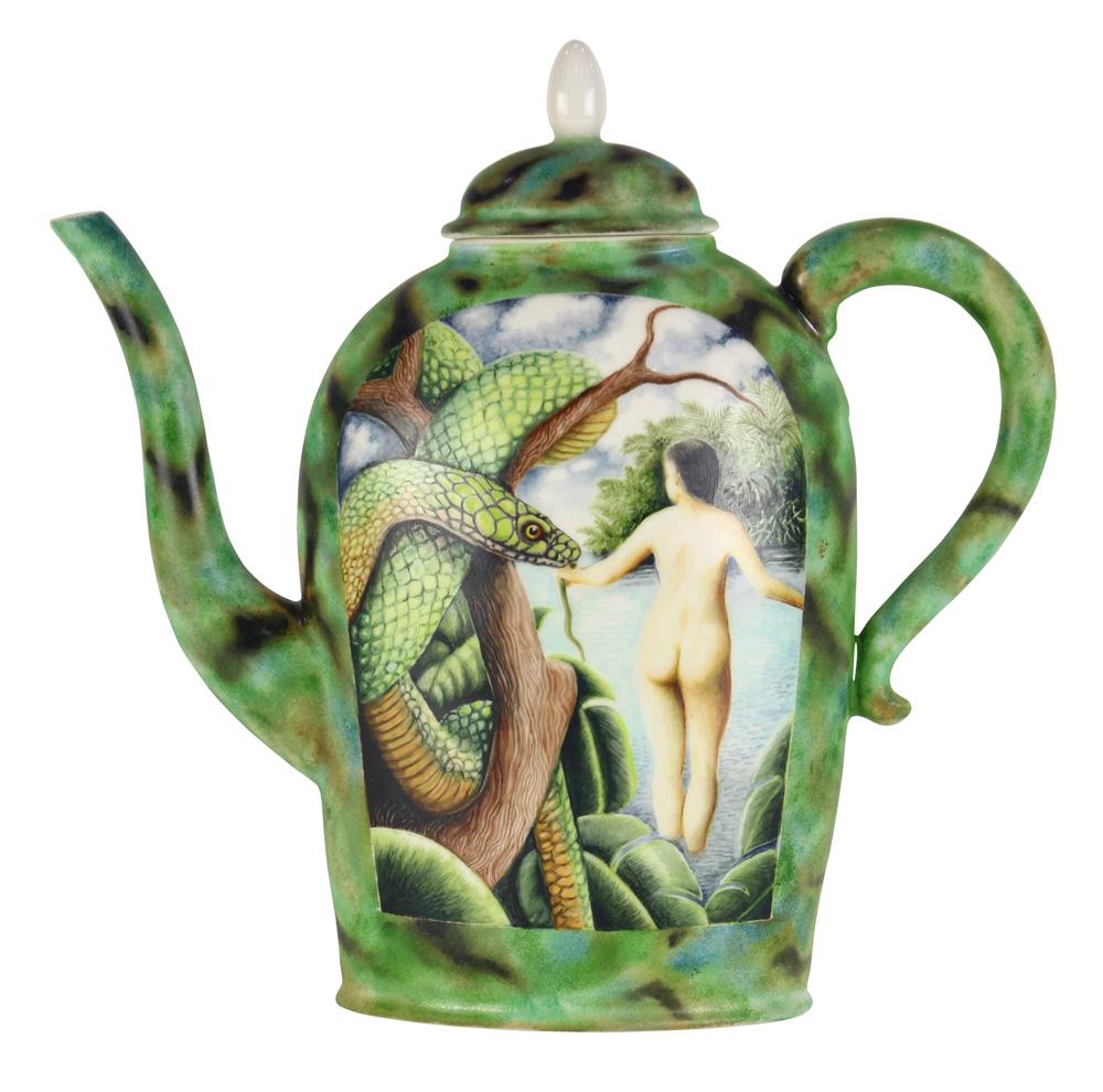 Kurt Weiser (American b. 1950) hand painted porcelain: Kurt Weiser (American b. 1950) hand painted porcelain teapot, the vividly decorated teapot with scenic reserves to both sides, one a "Garden of Paradise" theme with a nude in the distance, and a serpe