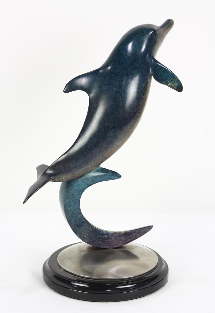 Dale Evers patinated bronze figural sculpture of a: Dale Evers patinated bronze figural sculpture of a dolphin, rising on a geometric abstract support, continuing to a circular base, signed and numbered "25/250," 16.5"h; Provenance: The Estate of Robin