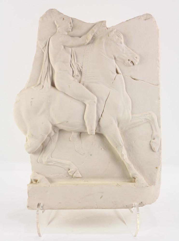 Classical style cast plaque: Classical style cast plaque, decorated with a nude soldier on horesback, unsigned, 17"h x 12"w; Provenance: The Estate of Robin Leach, proceeds to benefit charities including the Cleveland Clinic/Lou