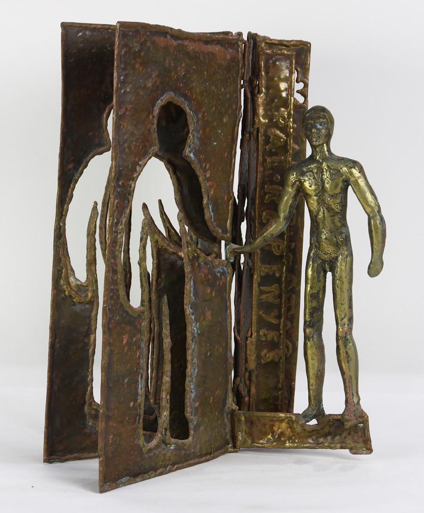 Pal Kepenyes brutalist sculpture: Pal Kepenyes brutalist sculpture, in the form of an eight panel screen, with an existential figure, signed on side panel, 16"h; Provenance: The Estate of Robin Leach, proceeds to benefit charities inc