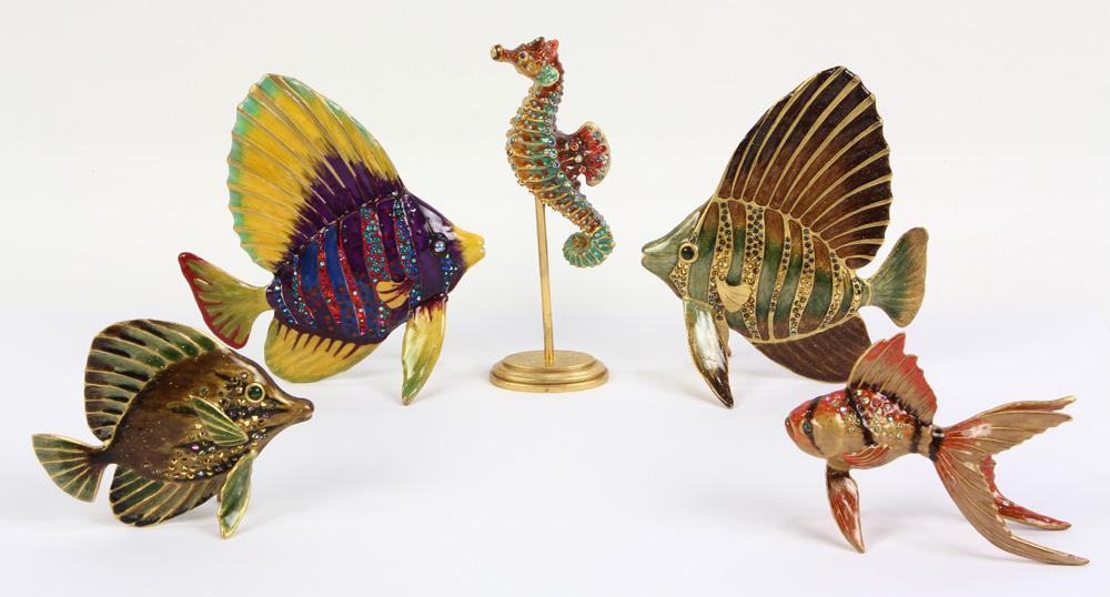 (lot of 5) Jay Strongwater enamel and Swarovski crystal: (lot of 5) Jay Strongwater enamel and Swarovski crystal decorated figures, depicting tropical fish, Sailfins, and a sea horse, largest 4.5"h x 4"w; Provenance: The Estate of Robin Leach, proceeds to b