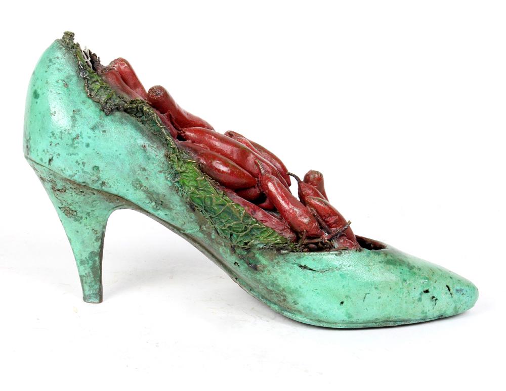 Steve Tobin: Steve Tobin (American, b. 1957) "Pepper shoe" bronze sculpture, depicting red peppers in a mint green high heel, signed on underside: 6"h x 10"l; Provenance: The Estate of Robin Leach, proceeds to ben