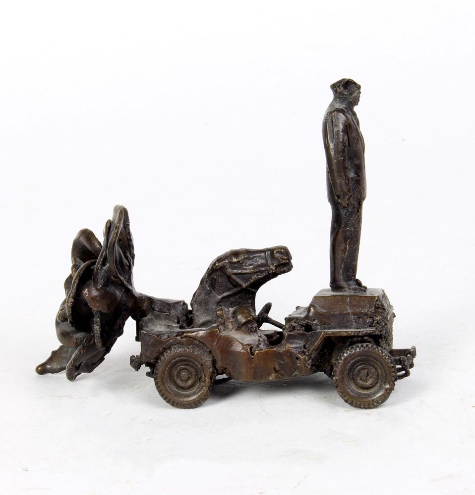 Steve Tobin: Steve Tobin (American, b. 1957) bronze sculpture, the Surrealist form decorating with a fallen sculpture and a flower, signed on underside, 3"h x 4.5"w; Provenance: The Estate of Robin Leach, proceeds