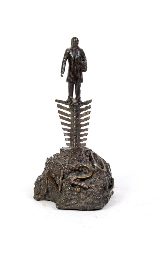 Steve Tobin: Steve Tobin (American, b. 1957) bronze sculpture, the Surrealist form decorated with a scholar carrying a book, signed on underside, 6.5"h; Provenance: The Estate of Robin Leach, proceeds to benefit c