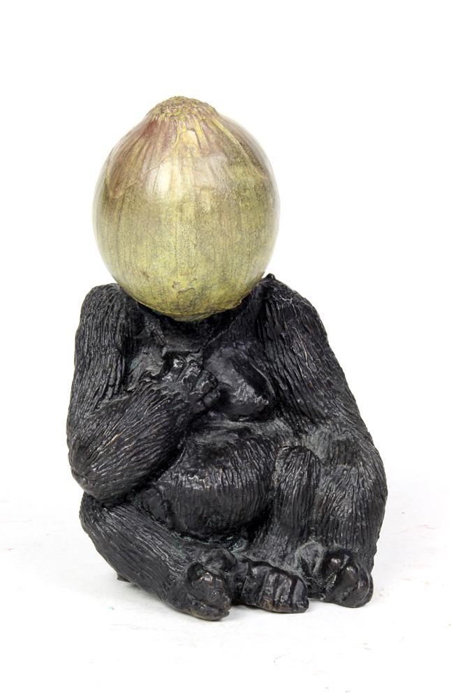 Steve Tobin: Steve Tobin (American, b. 1957) bronze sculpture, the Surrealist form having the Onion head, above a gorilla body, signed on underside, 5"h; Provenance: The Estate of Robin Leach, proceeds to benefit
